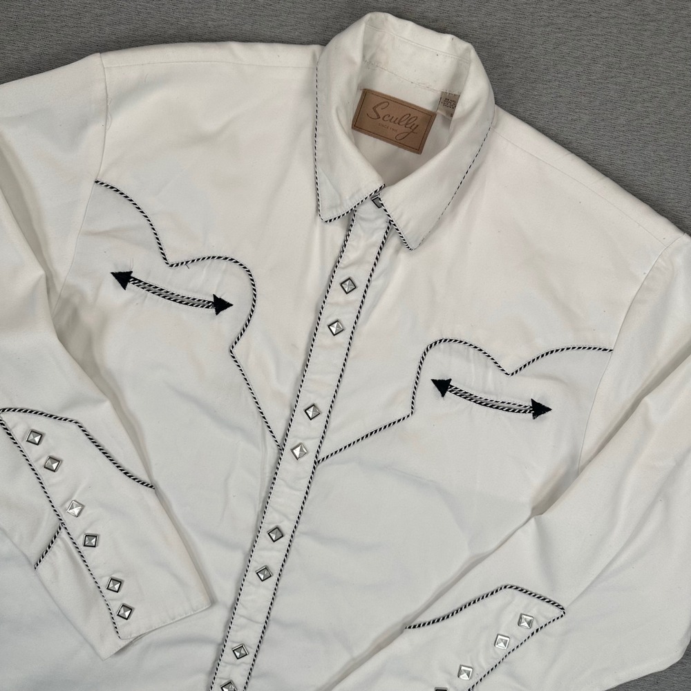 Scully Western Snap Shirt Mens Small White Studded Arrow Smile Pockets Rodeo